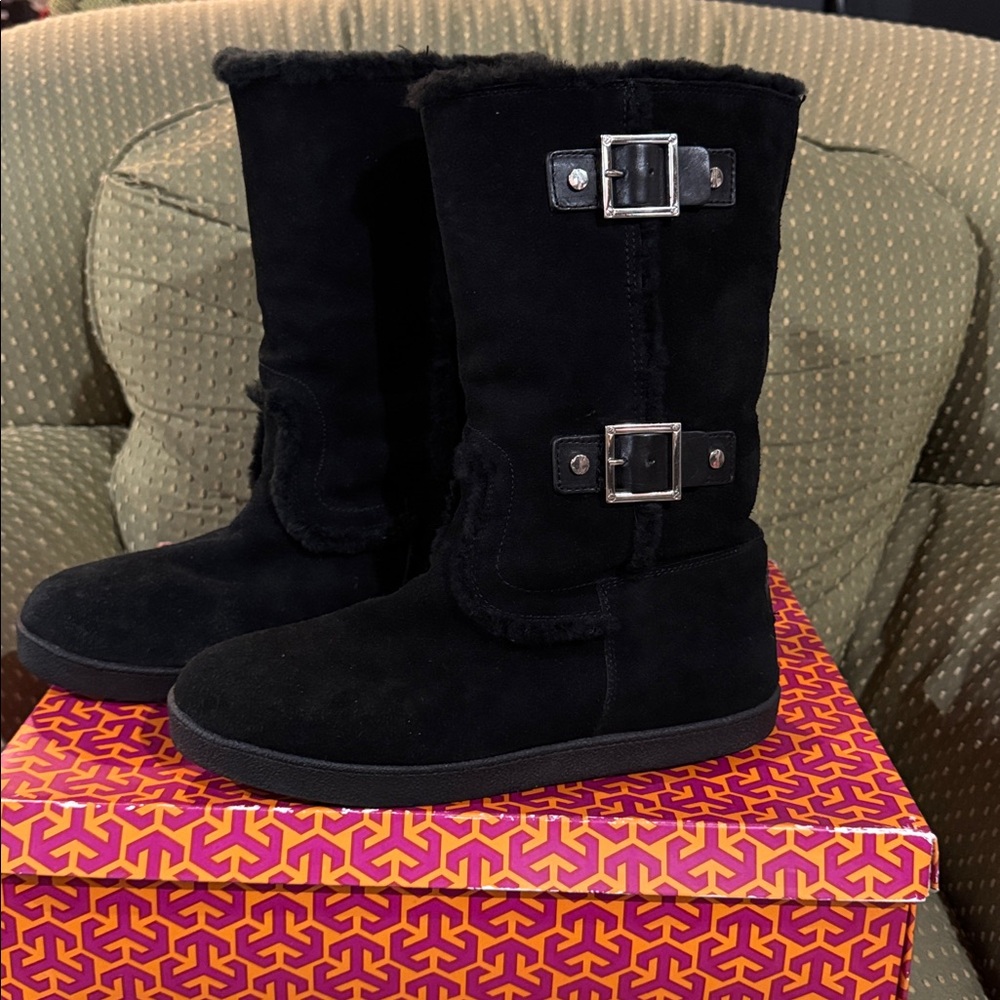 Tory Burch Black Suede and Sherpa Buckle Boots Size 11
